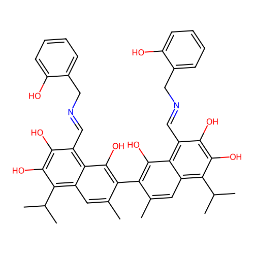 (1Z)-7-[(8Z)-1,6-dihydroxy-8-[[(2-hydroxyphenyl)methylamino]methylidene]-3-methyl-7-oxo-5-propan-2-ylnaphthalen-2-yl]-3,8-dihydroxy-1-[[(2-hydroxyphenyl)methylamino]methylidene]-6-methyl-4-propan-2-ylnaphthalen-2-one structure