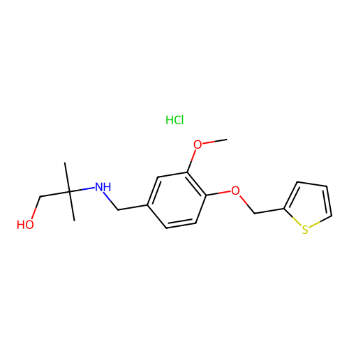 2-((3-methoxy-4-(thiophen-2-ylmethoxy)benzyl)amino)-2-methylpropan-1-ol hydrochloride structure
