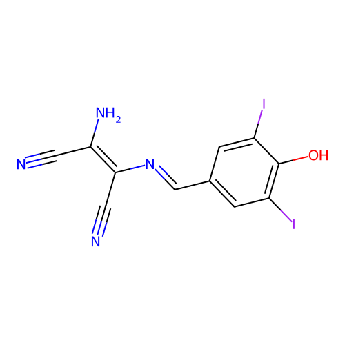 2-Amino-3-[(4-hydroxy-3,5-diiodo-phenyl)methyleneamino]but-2-enedinitrile structure