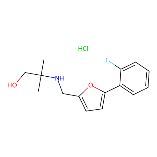 2-(((5-(2-fluorophenyl)furan-2-yl)methyl)amino)-2-methylpropan-1-ol hydrochloride structure