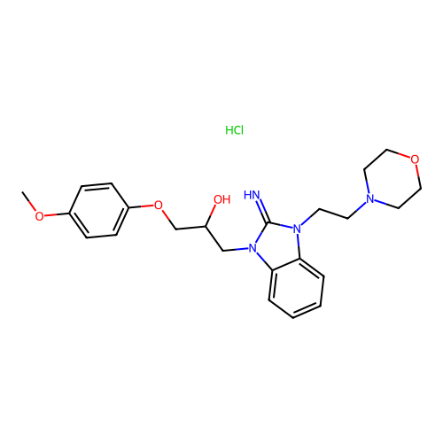 1-(2-imino-3-(2-morpholinoethyl)-2,3-dihydro-1H-benzo[d]imidazol-1-yl)-3-(4-methoxyphenoxy)propan-2-ol hydrochloride structure