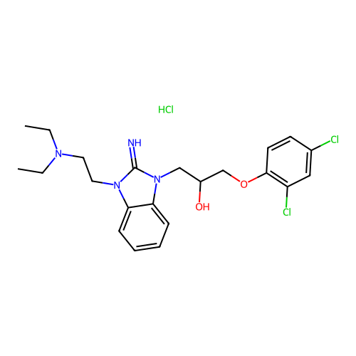 1-(2,4-dichlorophenoxy)-3-(3-(2-(diethylamino)ethyl)-2-imino-2,3-dihydro-1H-benzo[d]imidazol-1-yl)propan-2-ol hydrochloride structure