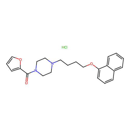Furan-2-yl(4-(4-(naphthalen-1-yloxy)butyl)piperazin-1-yl)methanone hydrochloride structure