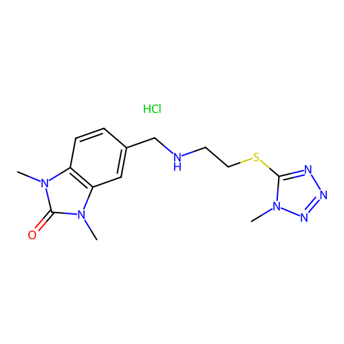 1,3-dimethyl-5-(((2-((1-methyl-1H-tetrazol-5-yl)thio)ethyl)amino)methyl)-1H-benzo[d]imidazol-2(3H)-one hydrochloride structure
