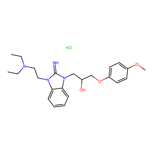 1-(3-(2-(diethylamino)ethyl)-2-imino-2,3-dihydro-1H-benzo[d]imidazol-1-yl)-3-(4-methoxyphenoxy)propan-2-ol hydrochloride structure