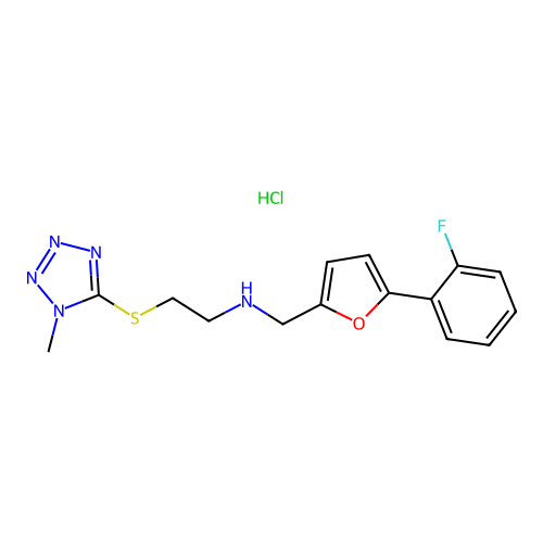 N-((5-(2-fluorophenyl)furan-2-yl)methyl)-2-((1-methyl-1H-tetrazol-5-yl)thio)ethanamine hydrochloride structure