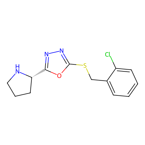 2-[(2-chlorobenzyl)sulfanyl]-5-[(2S)-pyrrolidin-2-yl]-1,3,4-oxadiazole structure