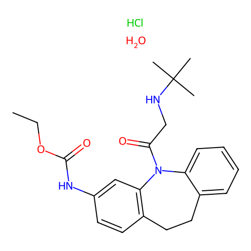 ethyl (5-(2-(tert-butylamino)acetyl)-10,11-dihydro-5H-dibenzo[b,f]azepin-3-yl)carbamate hydrochloride hydrate structure