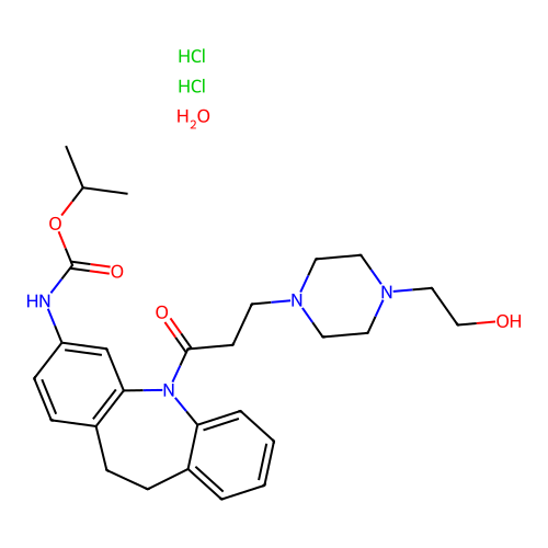 isopropyl (5-(3-(4-(2-hydroxyethyl)piperazin-1-yl)propanoyl)-10,11-dihydro-5H-dibenzo[b,f]azepin-3-yl)carbamate dihydrochloride hydrate structure