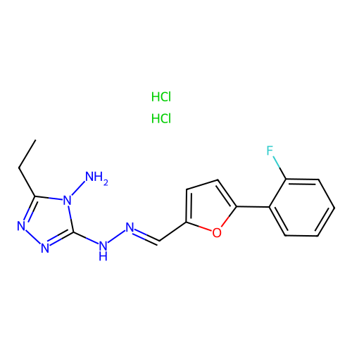 2-Furancarboxaldehyde, 5-(2-fluorophenyl)-, (2E)-2-(4-amino-5-ethyl-4H-1,2,4-triazol-3-yl)hydrazone, hydrochloride (1:2) structure