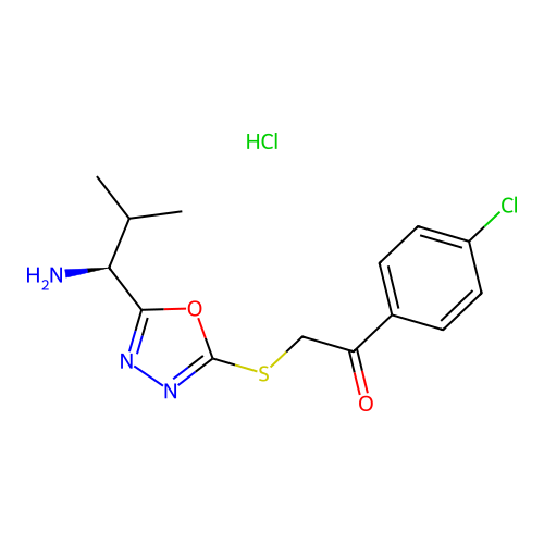 2-[5-((S)-1-Amino-2-methyl-propyl)-[1,3,4]oxadiazol-2-ylsulfanyl]-1-(4-chloro-phenyl)-ethanone structure