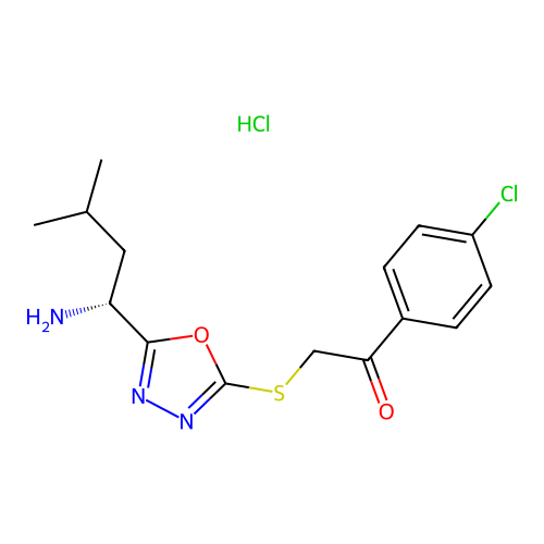 (R)-2-((5-(1-amino-3-methylbutyl)-1,3,4-oxadiazol-2-yl)thio)-1-(4-chlorophenyl)ethanone hydrochloride structure