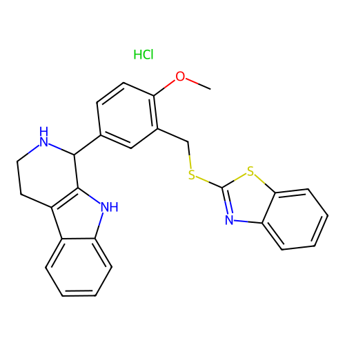1-{3-[(1,3-benzothiazol-2-ylthio)methyl]-4-methoxyphenyl}-2,3,4,9-tetrahydro-1H-beta-carboline hydrochloride structure