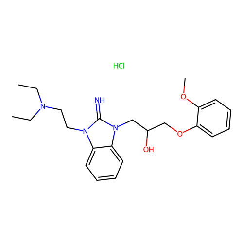 1-(3-(2-(diethylamino)ethyl)-2-imino-2,3-dihydro-1H-benzo[d]imidazol-1-yl)-3-(2-methoxyphenoxy)propan-2-ol hydrochloride structure