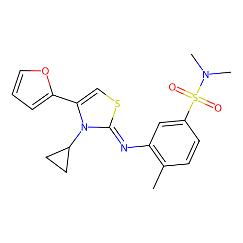 3-[[3-cyclopropyl-4-(furan-2-yl)-1,3-thiazol-2-ylidene]amino]-N,N,4-trimethylbenzenesulfonamide structure