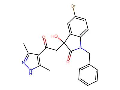 1-benzyl-5-bromo-3-[2-(3,5-dimethyl-1H-pyrazol-4-yl)-2-oxoethyl]-3-hydroxy-1,3-dihydro-2H-indol-2-one structure