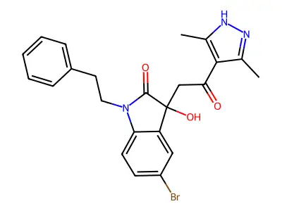 5-bromo-3-[2-(3,5-dimethyl-1H-pyrazol-4-yl)-2-oxoethyl]-3-hydroxy-1-(2-phenylethyl)-1,3-dihydro-2H-indol-2-one structure