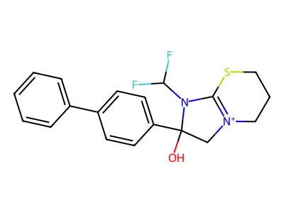 7-(difluoromethyl)-8-(4-phenylphenyl)-5-thia-7-aza-1-azoniabicyclo[4.3.0]non-10-en-8-ol structure