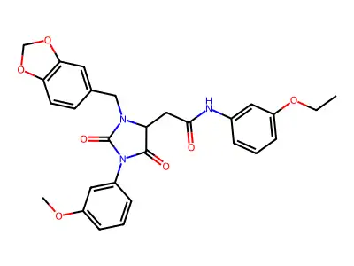 2-[3-(1,3-benzodioxol-5-ylmethyl)-1-(3-methoxyphenyl)-2,5-dioxoimidazolidin-4-yl]-N-(3-ethoxyphenyl)acetamide structure