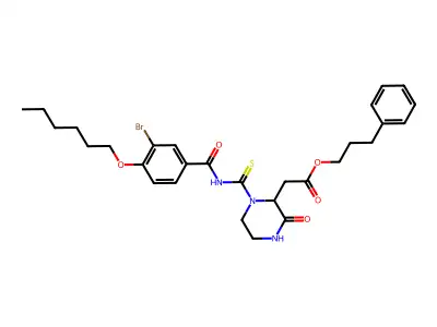 3-Phenylpropyl 1-[[[3-bromo-4-(hexyloxy)benzoyl]amino]thioxomethyl]-3-oxo-2-piperazineacetate structure