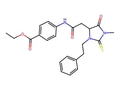 ethyl 4-({[1-methyl-5-oxo-3-(2-phenylethyl)-2-thioxoimidazolidin-4-yl]acetyl}amino)benzoate structure