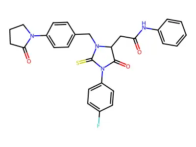 2-[1-(4-fluorophenyl)-5-oxo-3-[[4-(2-oxopyrrolidin-1-yl)phenyl]methyl]-2-sulfanylideneimidazolidin-4-yl]-N-phenylacetamide structure