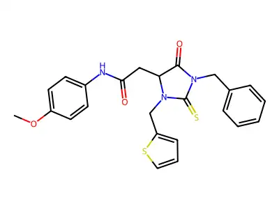 2-[1-benzyl-5-oxo-3-(thiophen-2-ylmethyl)-2-thioxoimidazolidin-4-yl]-N-(4-methoxyphenyl)acetamide structure