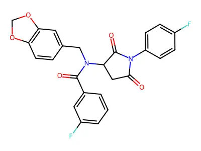 N-(1,3-benzodioxol-5-ylmethyl)-3-fluoro-N-[1-(4-fluorophenyl)-2,5-dioxopyrrolidin-3-yl]benzamide structure