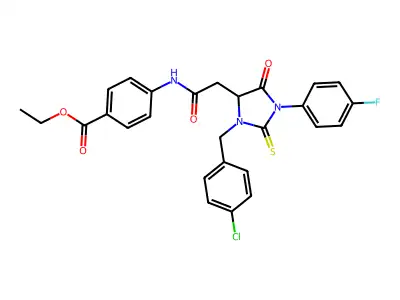 ethyl 4-({[3-(4-chlorobenzyl)-1-(4-fluorophenyl)-5-oxo-2-thioxoimidazolidin-4-yl]acetyl}amino)benzoate structure