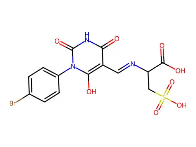N-{(E)-[1-(4-bromophenyl)-4-hydroxy-2,6-dioxo-1,6-dihydropyrimidin-5(2H)-ylidene]methyl}-3-sulfoalanine structure