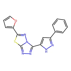 6-(furan-2-yl)-3-(3-phenyl-1H-pyrazol-5-yl)[1,2,4]triazolo[3,4-b][1,3,4]thiadiazole structure