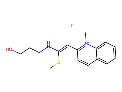 3-[[(Z)-2-(1-methylquinolin-1-ium-2-yl)-1-methylsulfanylethenyl]amino]propan-1-ol iodide structure