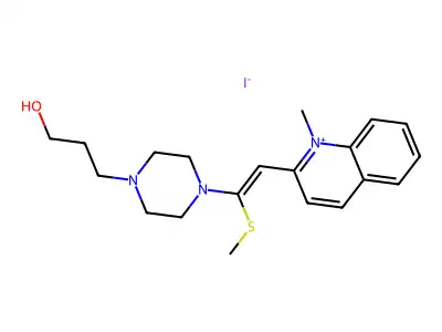 4-(3-Hydroxypropyl)-1-[2-(1-methylquinolin-2(1H)-ylidene)-1-(methylsulfanyl)ethylidene]piperazin-1-ium iodide structure