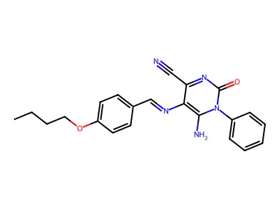 5-[(E)-[(4-butoxyphenyl)methylidene]amino]-6-imino-2-oxo-1-phenyl-1,2,3,6-tetrahydropyrimidine-4-carbonitrile structure