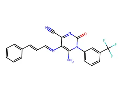 6-amino-5-(cinnamylideneamino)-2-oxo-1-[3-(trifluoromethyl)phenyl]pyrimidine-4-carbonitrile structure
