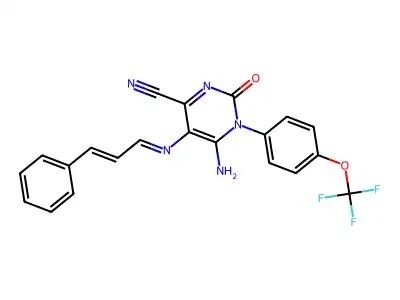 6-amino-5-(cinnamylideneamino)-2-oxo-1-[4-(trifluoromethoxy)phenyl]pyrimidine-4-carbonitrile structure