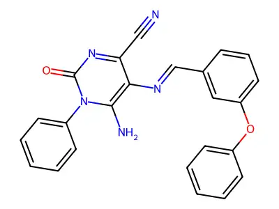 6-imino-2-oxo-5-{[(E)-(3-phenoxyphenyl)methylidene]amino}-1-phenyl-1,2,3,6-tetrahydro-4-pyrimidinecarbonitrile structure