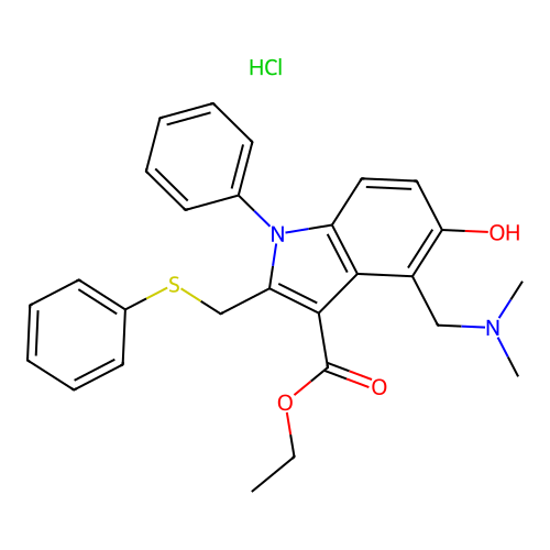 ethyl 4-((dimethylamino)methyl)-5-hydroxy-1-phenyl-2-((phenylthio)methyl)-1H-indole-3-carboxylate hydrochloride structure
