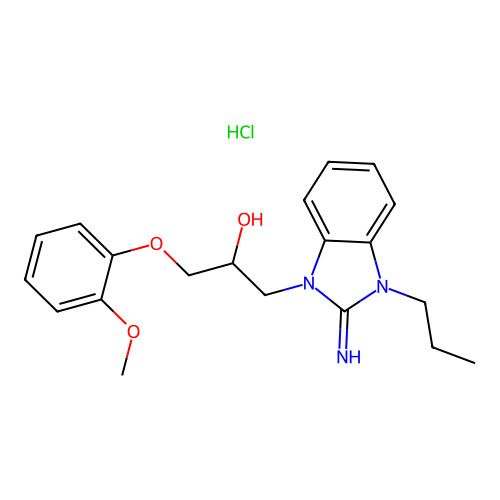 1-(2-imino-3-propyl-2,3-dihydro-1H-benzo[d]imidazol-1-yl)-3-(2-methoxyphenoxy)propan-2-ol hydrochloride structure