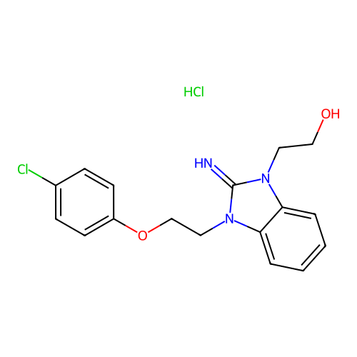 2-(3-(2-(4-chlorophenoxy)ethyl)-2-imino-2,3-dihydro-1H-benzo[d]imidazol-1-yl)ethanol hydrochloride structure