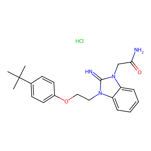 2-(3-(2-(4-(tert-butyl)phenoxy)ethyl)-2-imino-2,3-dihydro-1H-benzo[d]imidazol-1-yl)acetamide hydrochloride structure