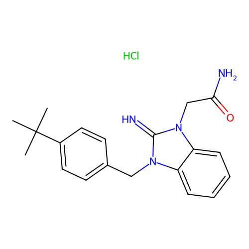 2-(3-(4-(tert-butyl)benzyl)-2-imino-2,3-dihydro-1H-benzo[d]imidazol-1-yl)acetamide hydrochloride structure