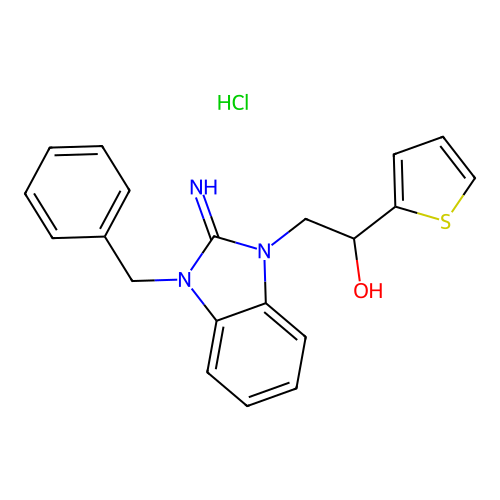 2-(3-benzyl-2-imino-2,3-dihydro-1H-benzo[d]imidazol-1-yl)-1-(thiophen-2-yl)ethanol hydrochloride structure