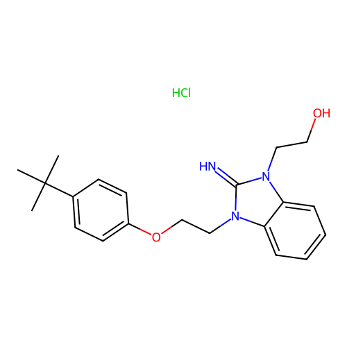 2-(3-(2-(4-(tert-butyl)phenoxy)ethyl)-2-imino-2,3-dihydro-1H-benzo[d]imidazol-1-yl)ethanol hydrochloride structure