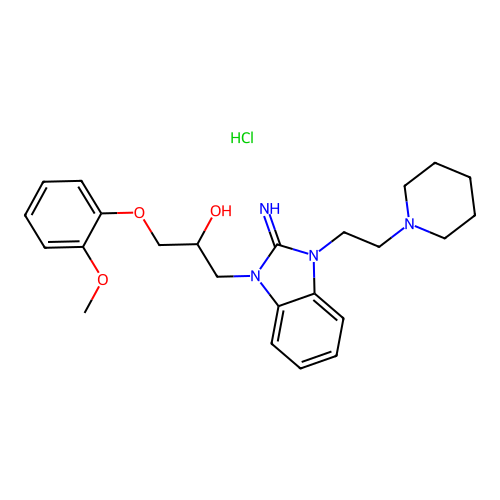 1-(2-imino-3-(2-(piperidin-1-yl)ethyl)-2,3-dihydro-1H-benzo[d]imidazol-1-yl)-3-(2-methoxyphenoxy)propan-2-ol hydrochloride structure