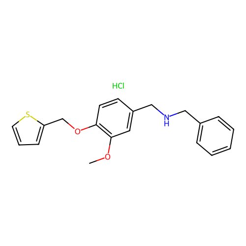 N-benzyl-1-(3-methoxy-4-(thiophen-2-ylmethoxy)phenyl)methanamine hydrochloride structure