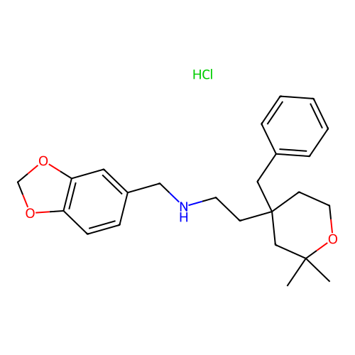 N-(benzo[d][1,3]dioxol-5-ylmethyl)-2-(4-benzyl-2,2-dimethyltetrahydro-2H-pyran-4-yl)ethanamine hydrochloride structure