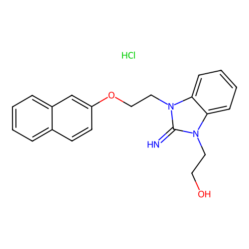 2-(2-imino-3-(2-(naphthalen-2-yloxy)ethyl)-2,3-dihydro-1H-benzo[d]imidazol-1-yl)ethanol hydrochloride structure