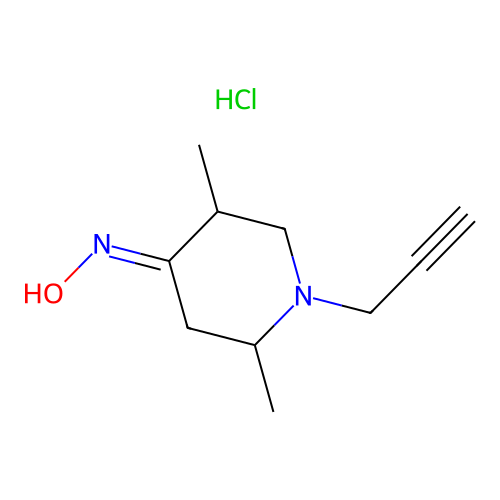 (E)-2,5-dimethyl-1-(prop-2-yn-1-yl)piperidin-4-one oxime hydrochloride structure