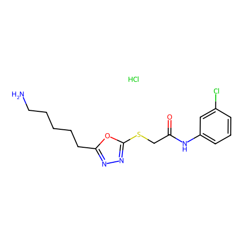 2-((5-(5-aminopentyl)-1,3,4-oxadiazol-2-yl)thio)-N-(3-chlorophenyl)acetamide hydrochloride structure